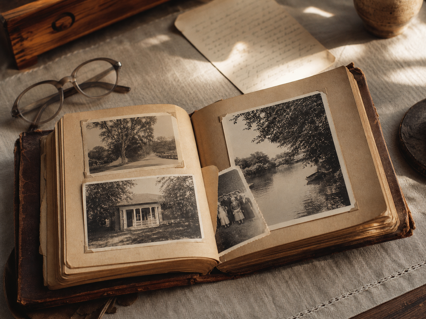 An open family photo album beside reading glasses