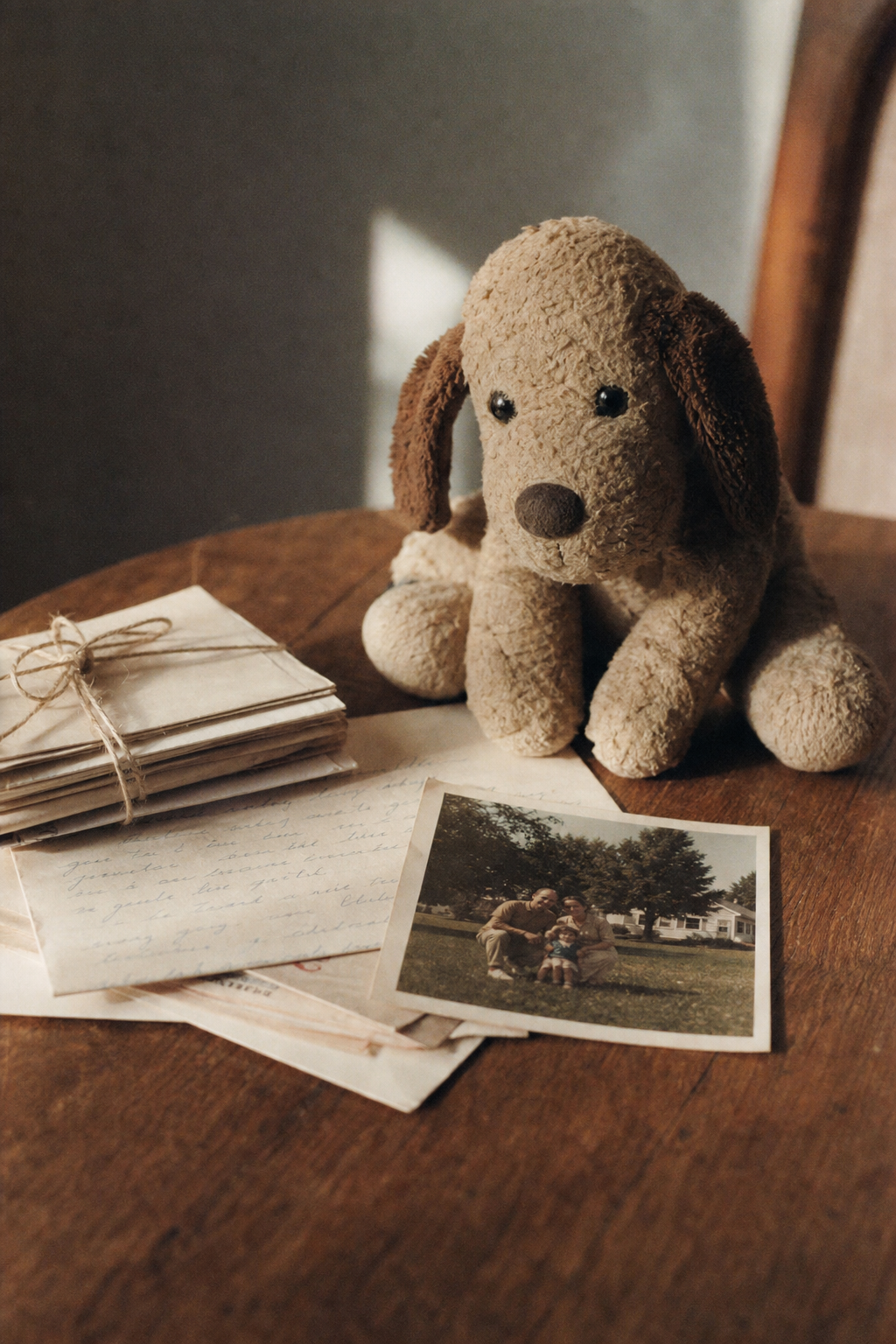 A much-loved plush dog toy beside family mementos