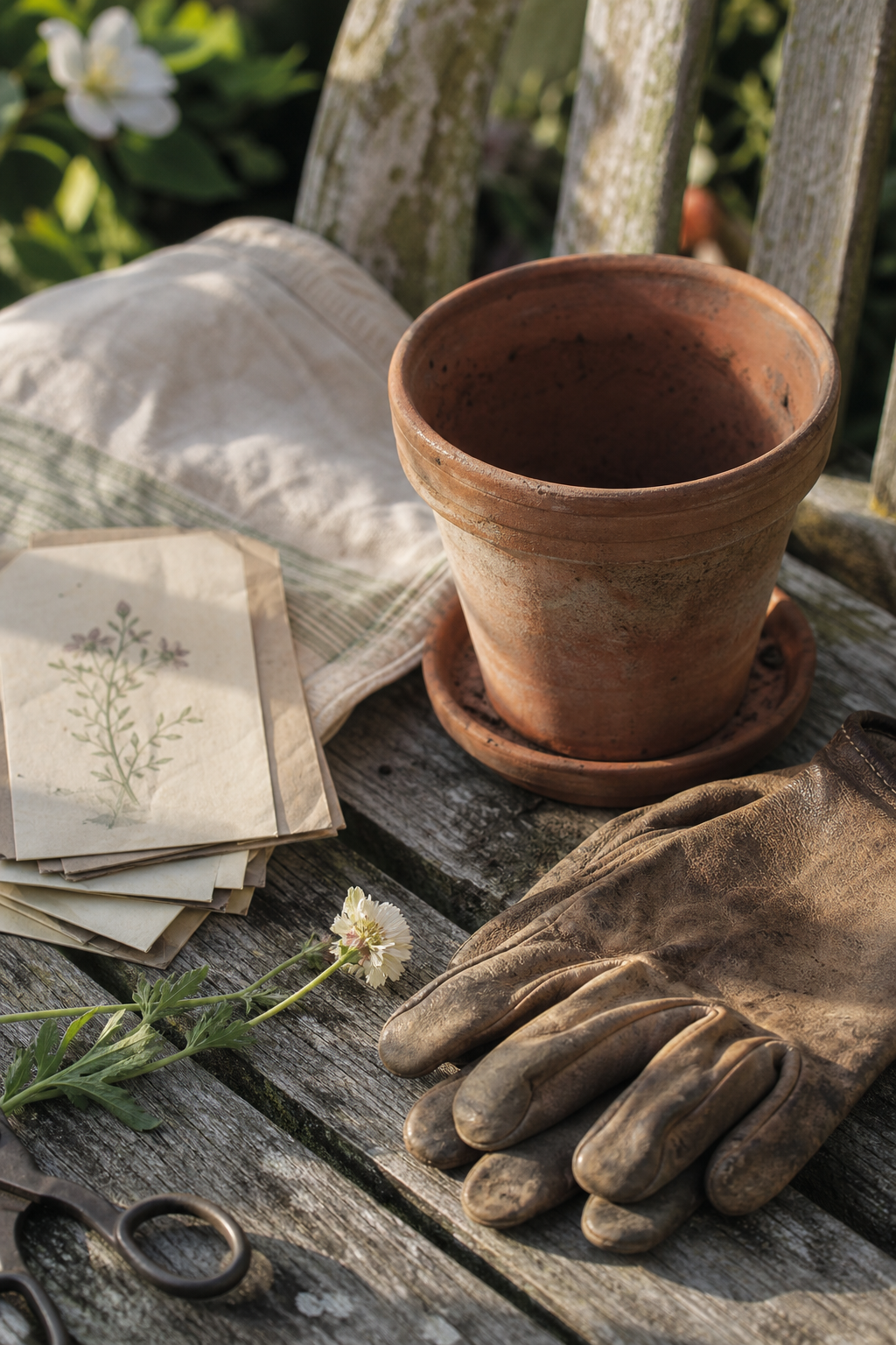 Gardening gloves and a terracotta pot resting on a garden bench