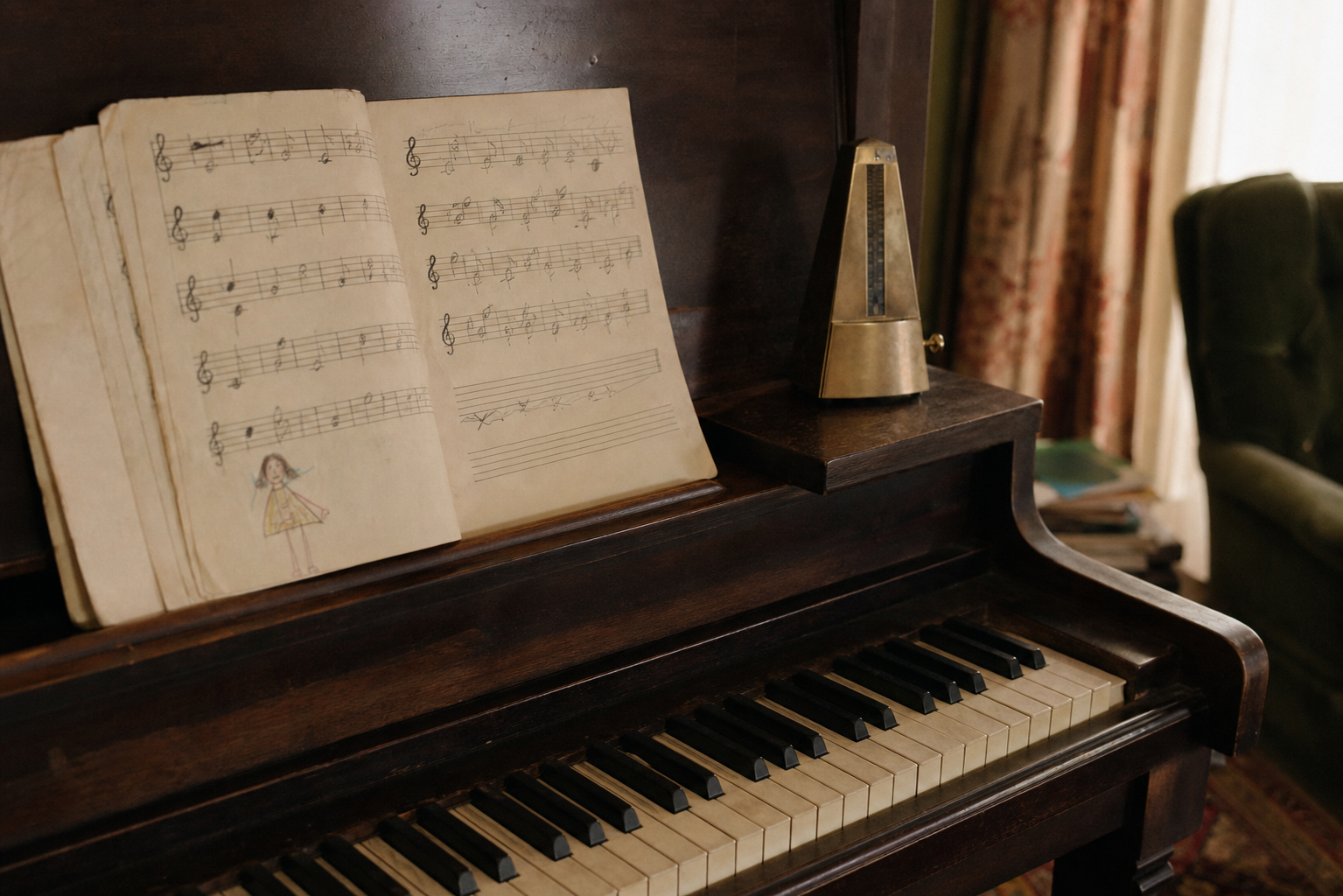 A handwritten score resting on piano keys