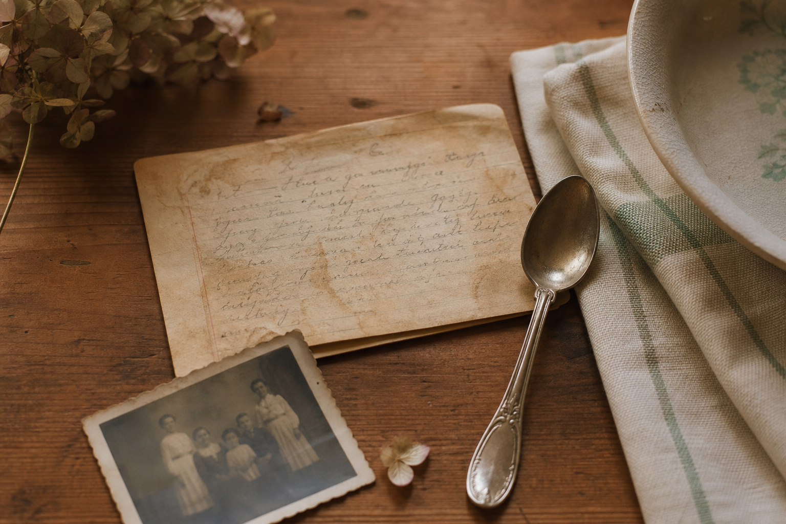 A handwritten recipe, family photograph, and silver spoon on a wooden table