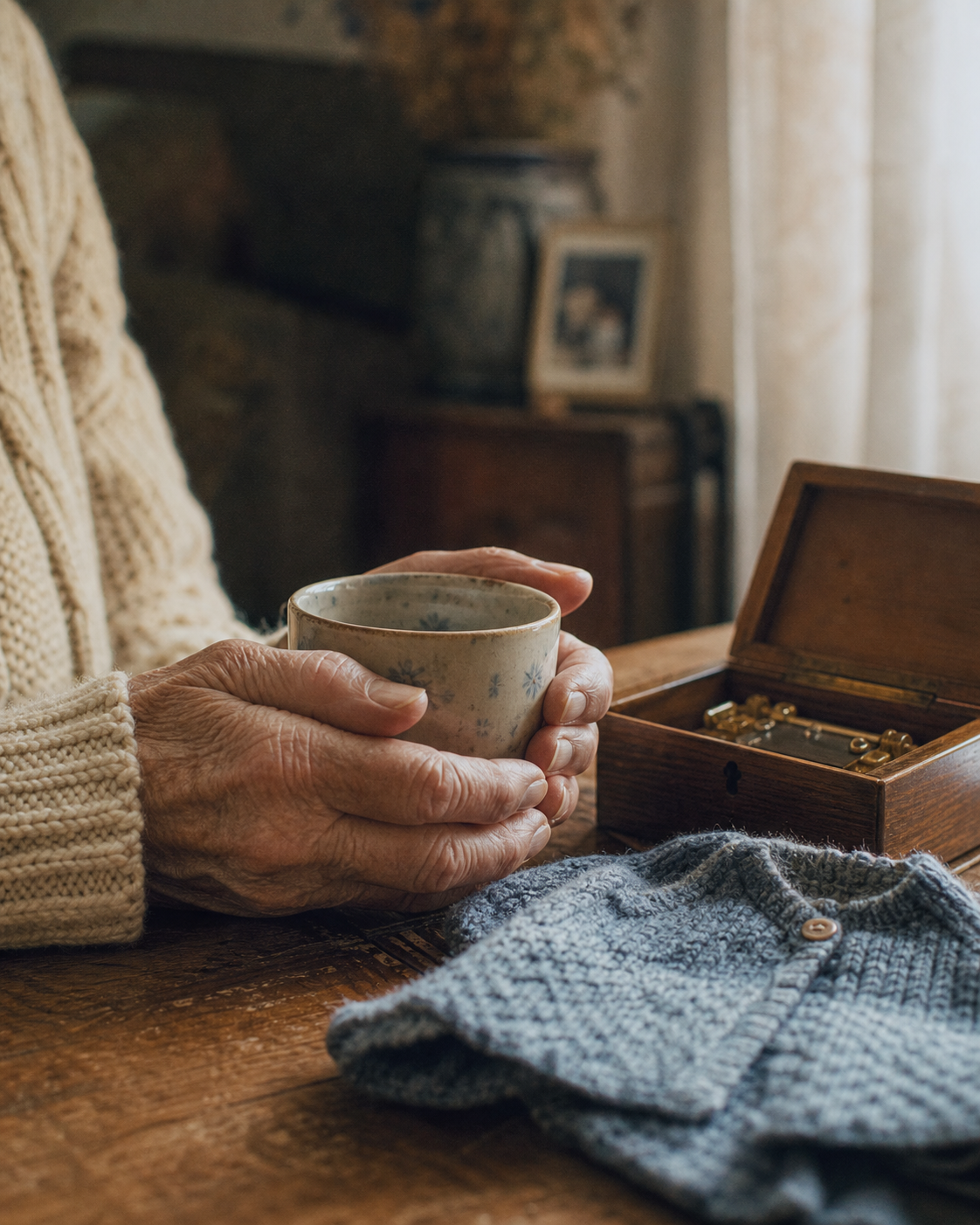 An elder's hands holding a teacup beside treasured keepsakes